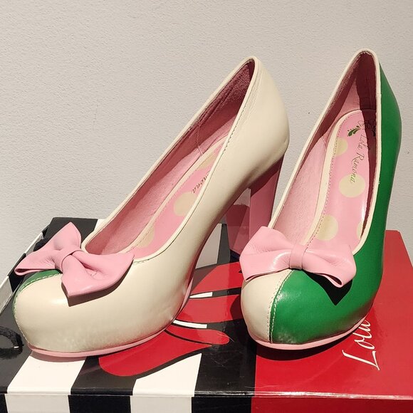 Lola Ramona Green and Off-White Leather Heels with Pink Bow Angie P - Picture 6 of 13